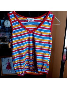 True Vintage Striped Tank Top Small 1970's Boho Disco Red Trim Terrycloth Butter